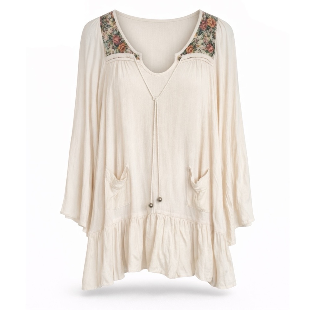 Altar’d State Boho Tapestry Ruffle Trim Oversized Peasant Top
